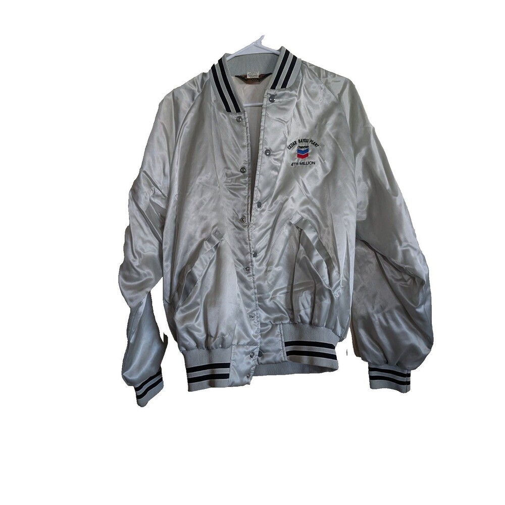 Vintage Pla-Jac Dunbrooke Satin Bomber Jacket Silver White Chevron Cedar Bayou